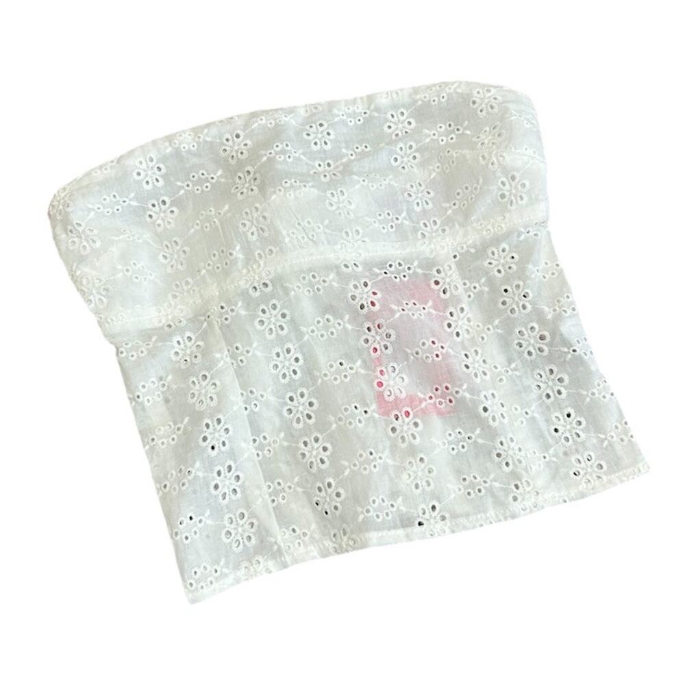 White Eyelet Lace Tube Top Corset Back Strapless Crop‎ Bodice XS